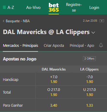 Odds Playoffs da NBA Bet365 com oferta para Dallas Mavericks x Los Angeles Clippers