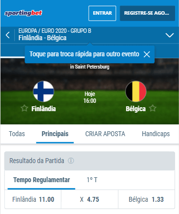 Sportingbet com odds para todos os jogos da Eurocopa. Em destaque Finlândia vs Bélgica