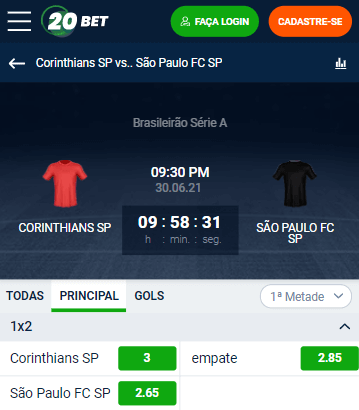 odds 20bet para a 8ª rodada do Brasileirão que terá Corinthians x São Paulo