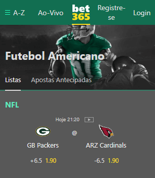 Bet365 com odds para todos os jogos da semana 8 da NFL que começa com Cardinals vs Packers