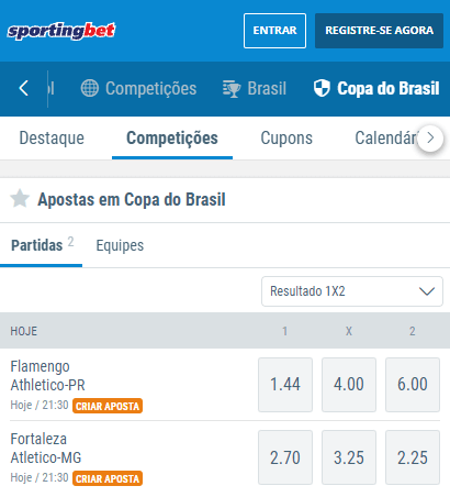 Sportingbet com odds para os jogos de volta das semifinais da Copa do Brasil: Flamengo x Athletico-PR e Fortaleza x Atlético-MG