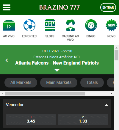 Brazino777 com odds para todos os jogos da semana 11 da NFL que começa com Falcons x Patriots