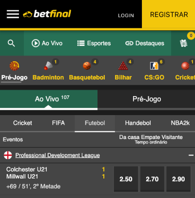 Screenshot da versão mobile da Betfinal